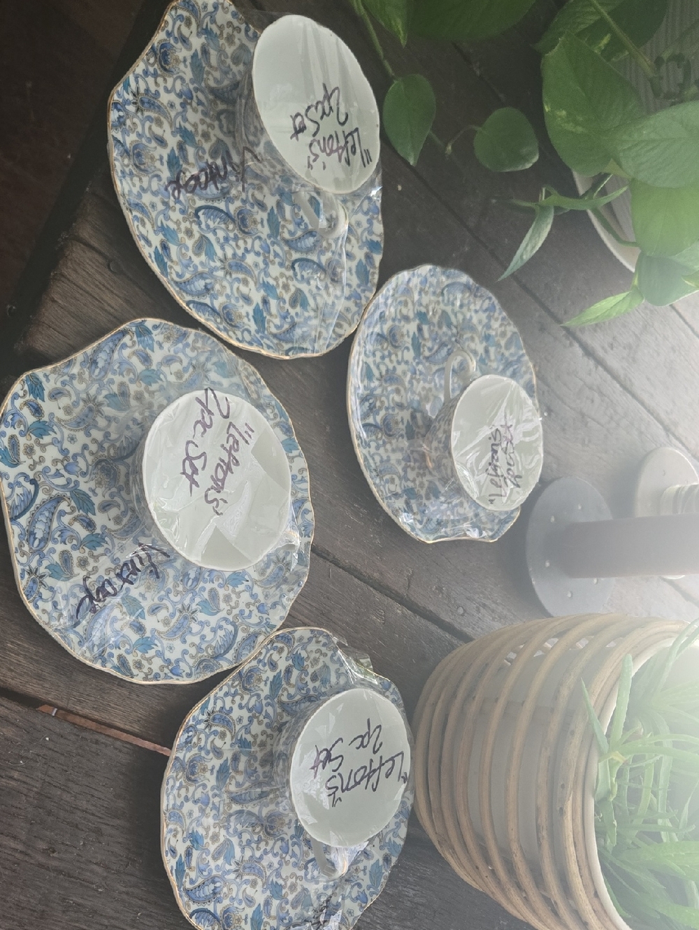 Blue Floral Ceramic Tea Cup Saucers - Set of 4 Lefton's Hand Painted China